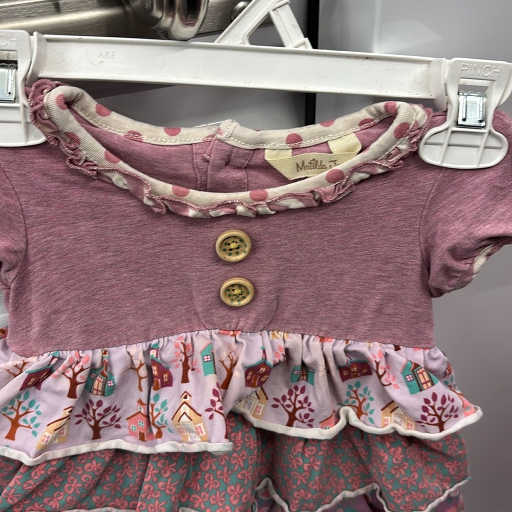 Matilda Jane Pink Purple Ruffled Dress Houses Bows Chickens Polka Dots 12-18M - Picture 3 of 16